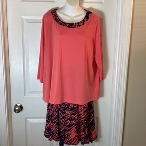Susan Graver 2 Piece Set Top Skirt Plus  Size 1X Pink Blue Pull Over Liquid Knit